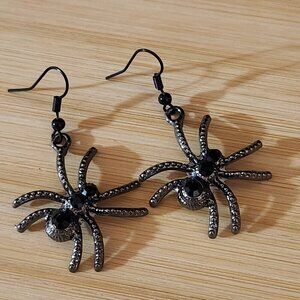 Hand Crafted Earrings Pierced Spider Black Stones Metal